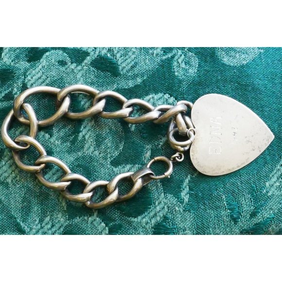 Big Link Sterling Silver Charm Bracelet Large Engraved HSB Heart Charm Edna 1943 - Picture 5 of 7